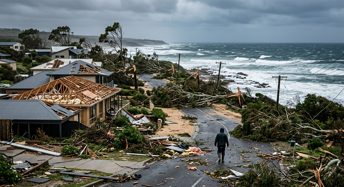 Coastal damage showing snapped trees and missing roofs following an extreme wind event.