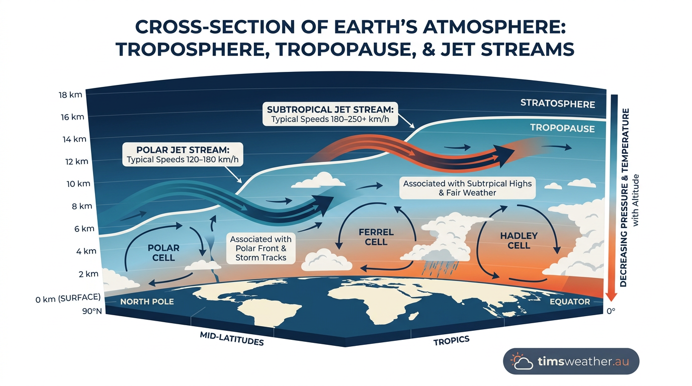 Cross-section diagram of the atmosphere showing the altitudes and locations of the polar and subtropical jet streams.