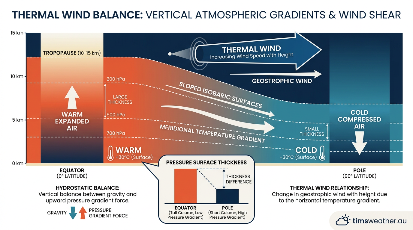Infographic showing how uneven heating creates a sloping pressure gradient from the equator to the poles.
