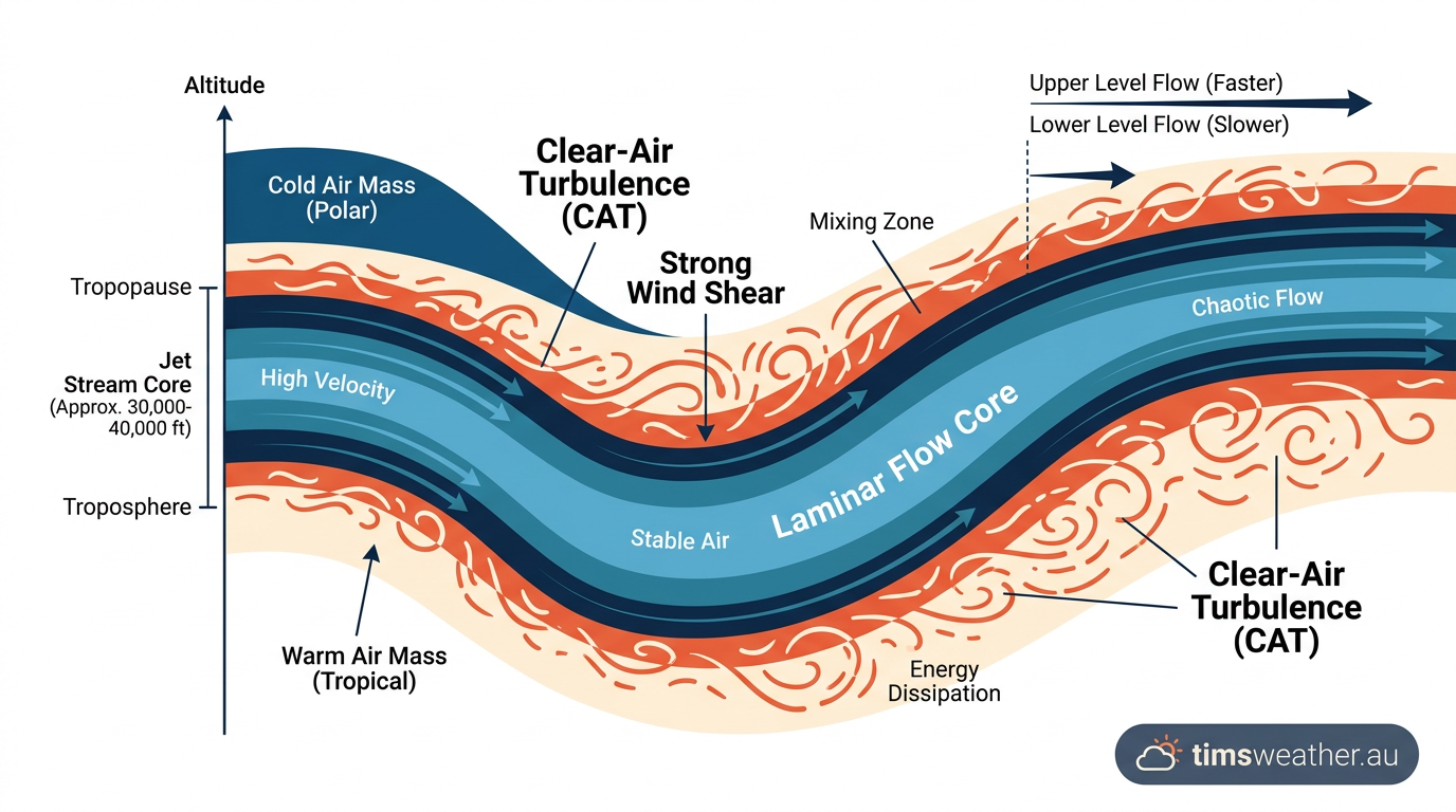 Fluid dynamics diagram showing laminar flow in the jet core and turbulent eddies at the margins.