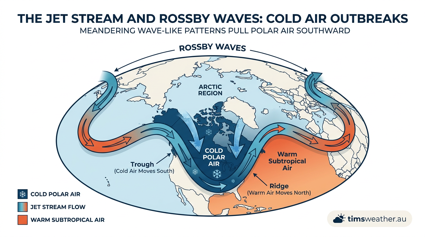 Diagram of planetary Rossby waves showing the jet stream meandering north and south across a hemisphere.
