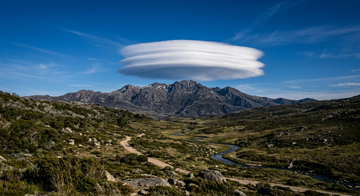 A smooth lenticular cloud above a mountain peak showing mountain wave formation.