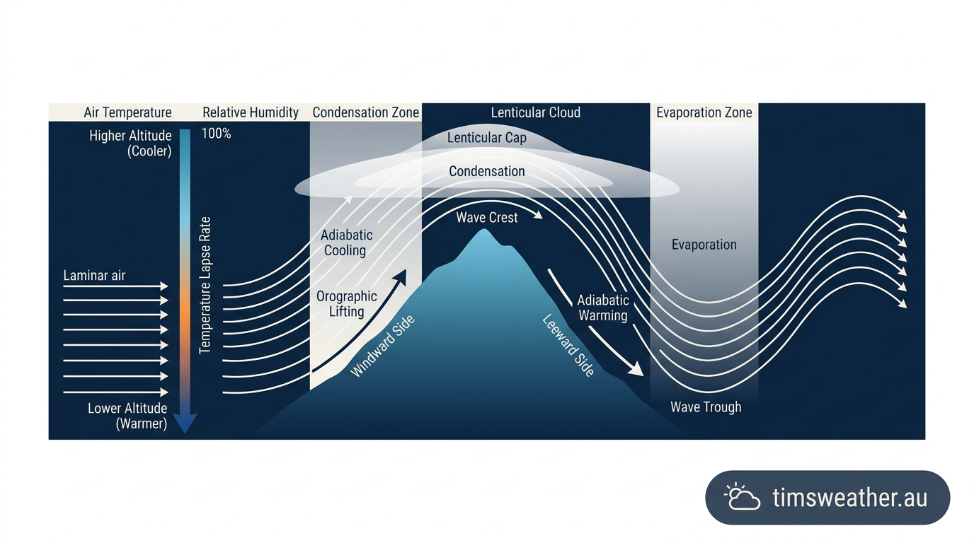 Diagram showing air rising over a mountain, cooling, and forming a lenticular cloud.
