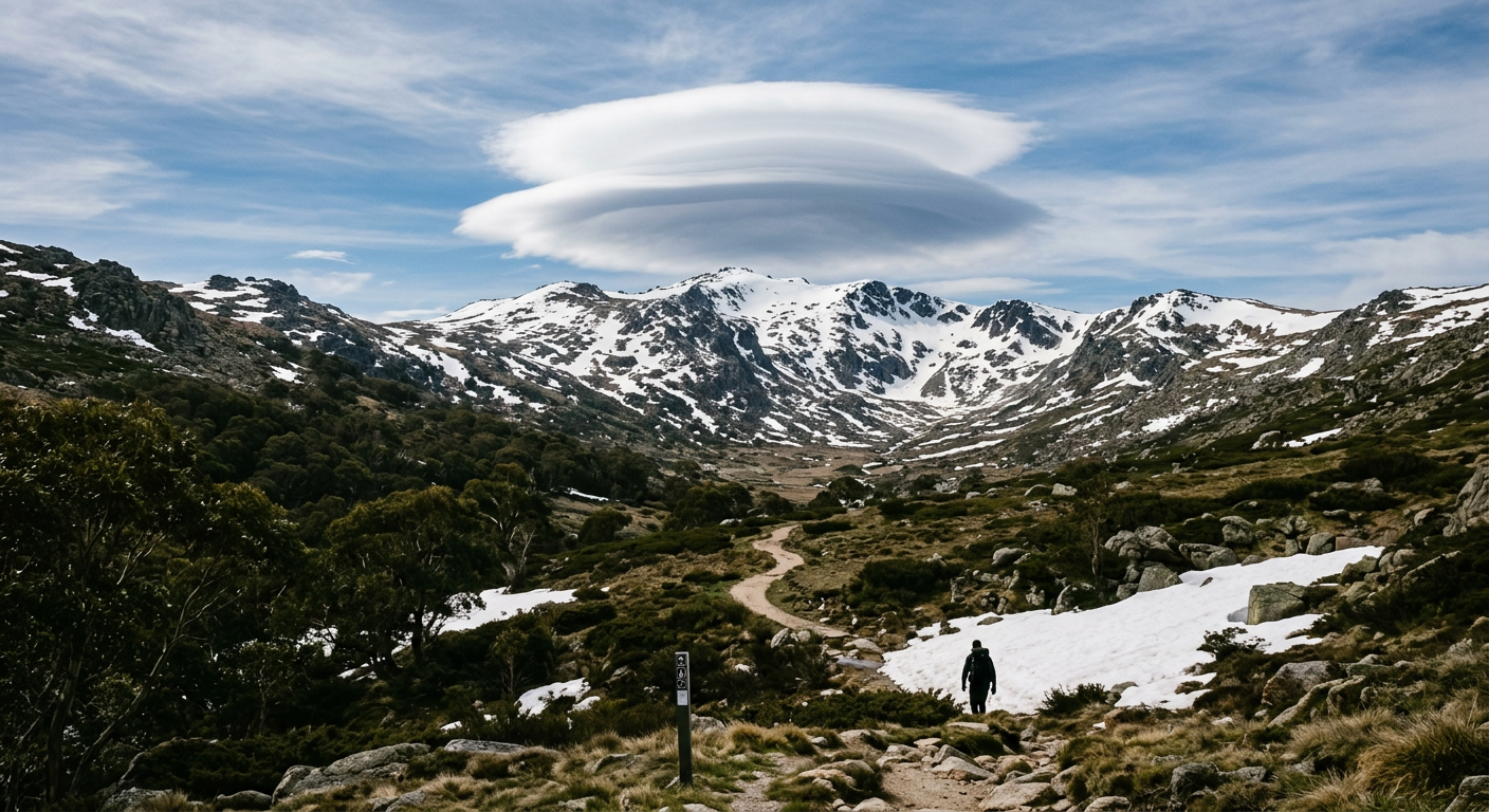 Altocumulus standing lenticularis over the Australian Alps in strong westerly flow.