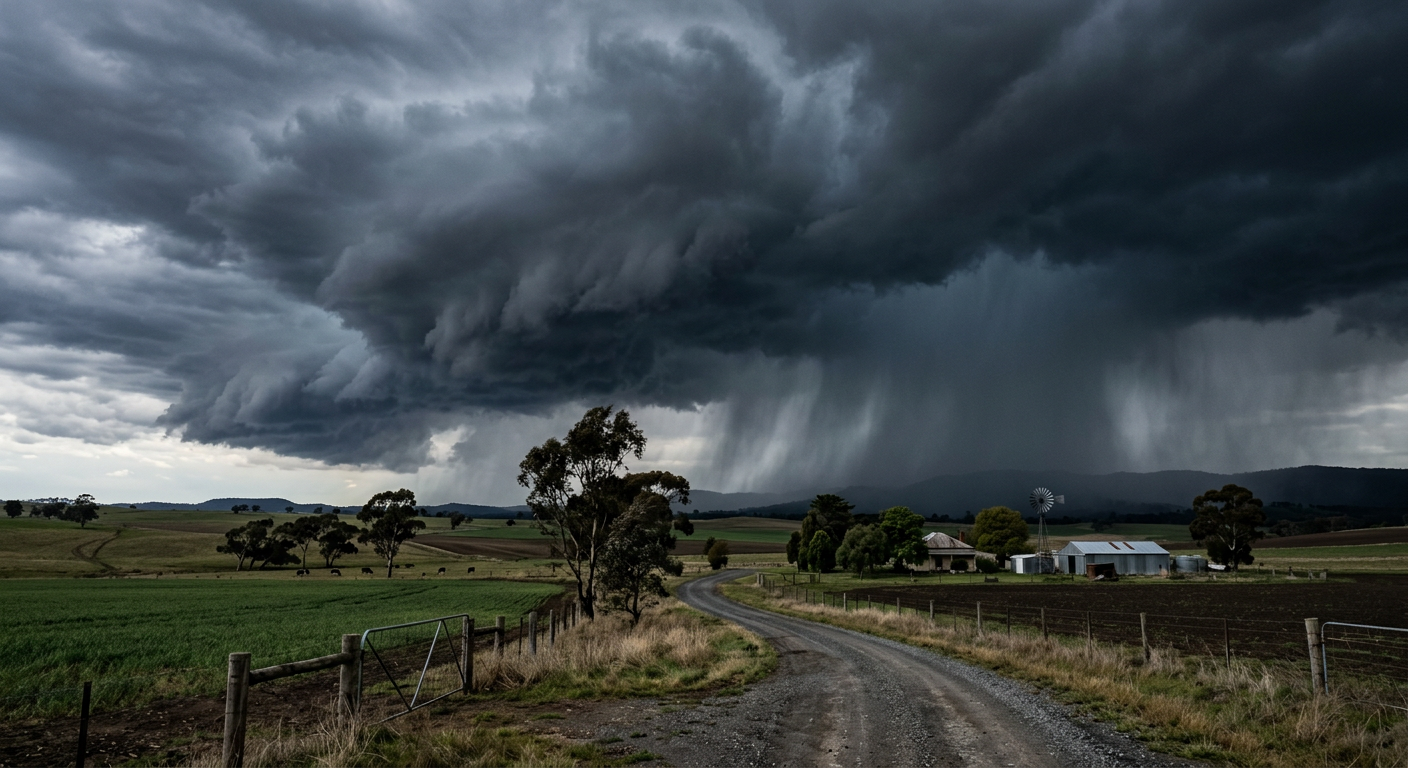 A severe low-pressure system generating dark storm clouds and heavy precipitation over an open field.