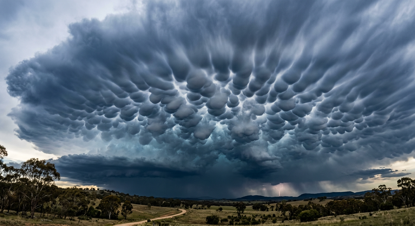 A sky filled with pouch-like mammatus clouds forming beneath a severe thunderstorm base.