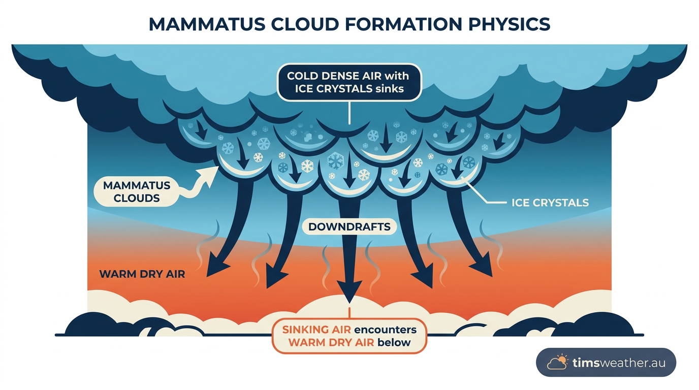 Diagram showing how do mammatus clouds form through sinking cold air and downdrafts.