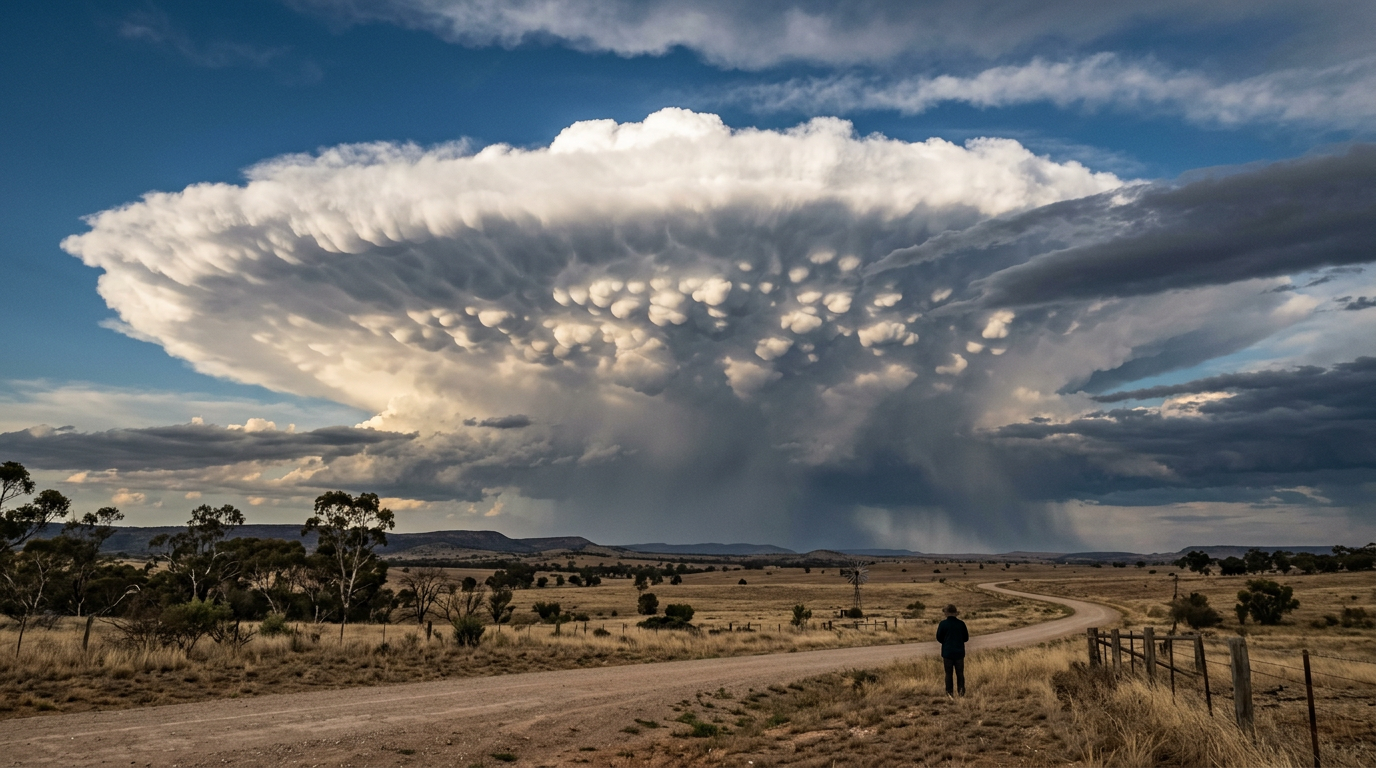 A distant supercell thunderstorm showing a spreading cumulonimbus anvil with mammatus clouds on its underside.