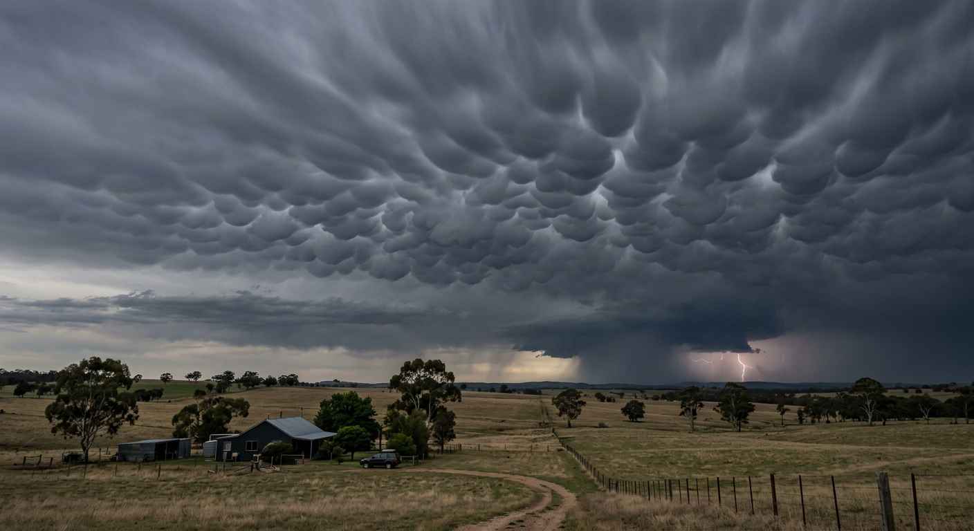 Dark mammatus clouds over a rural field indicating a severe weather environment nearby.