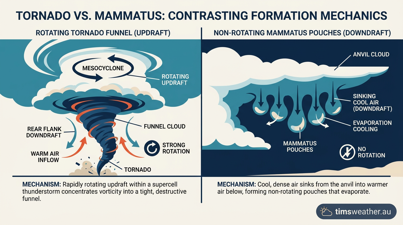 Infographic comparing tornado updraft formation with the downdraft mechanics of mammatus clouds.