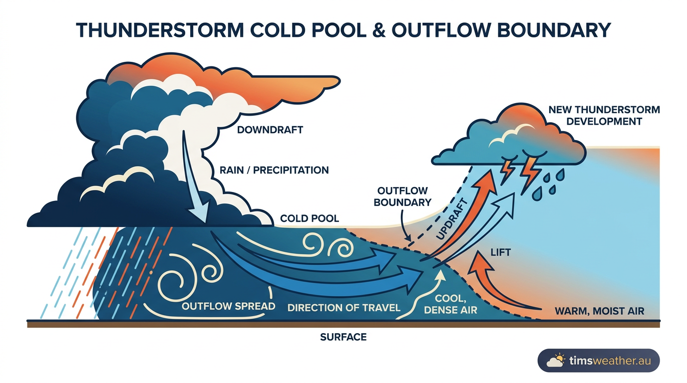 Diagram illustrating how cold pool dynamics force warm air upwards along an outflow boundary to initiate mesoscale convective system formation.