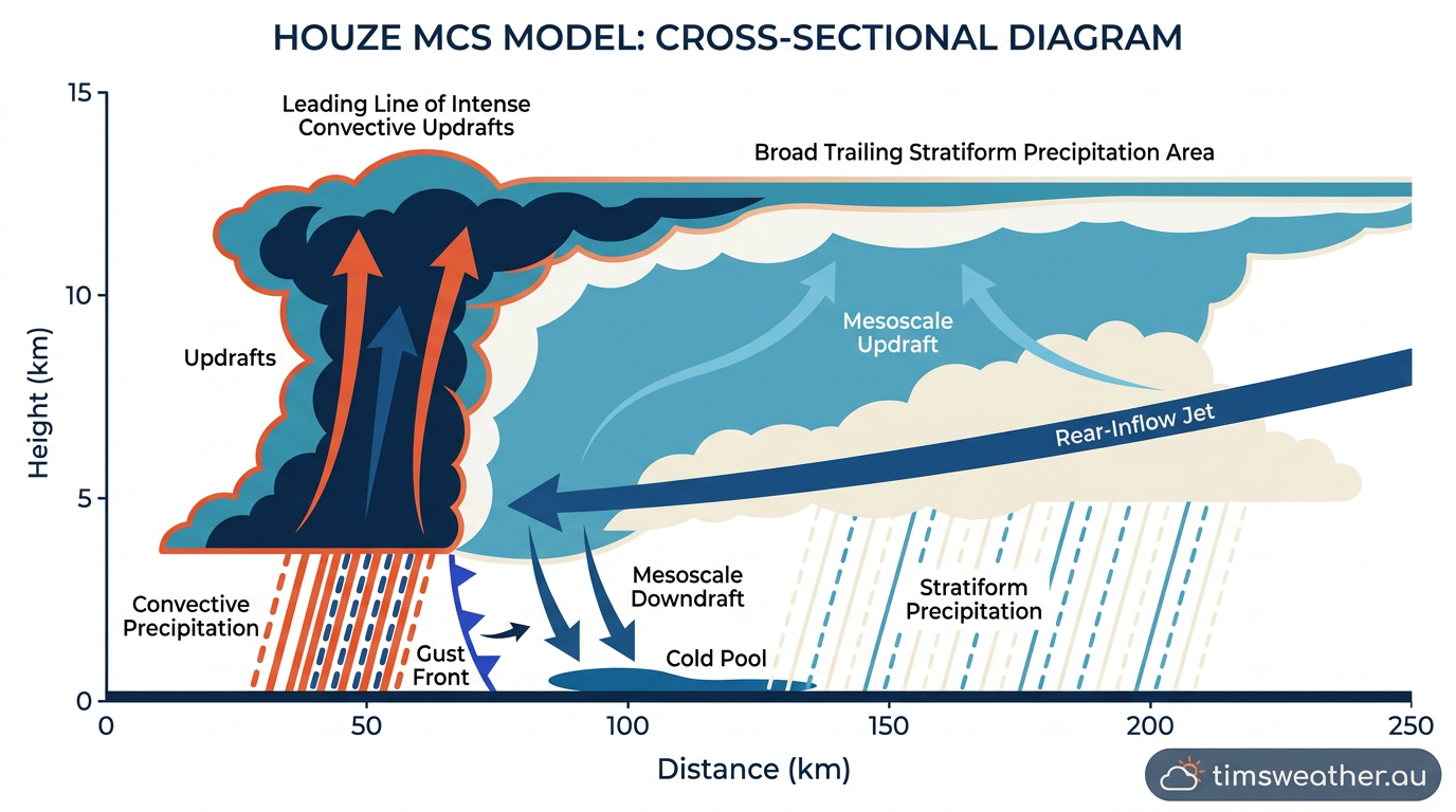 Cross-sectional conceptual model showing the internal structure of a mature mesoscale convective system.