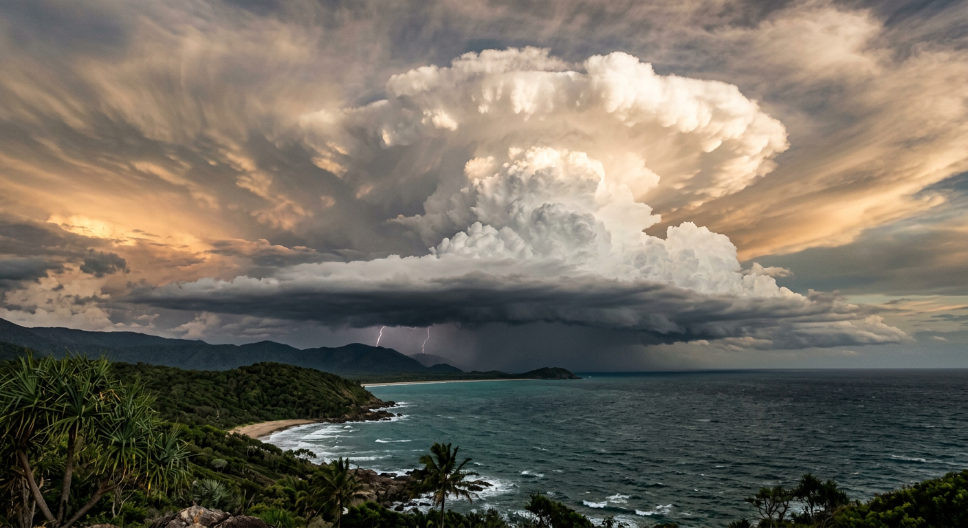 A massive thunderstorm complex known as Hector the Convector building over the Tiwi Islands in Northern Australia.