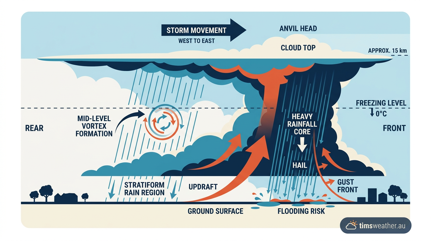 Diagram showing the vertical profile and stratiform precipitation area critical for mesoscale convective vortices formation.