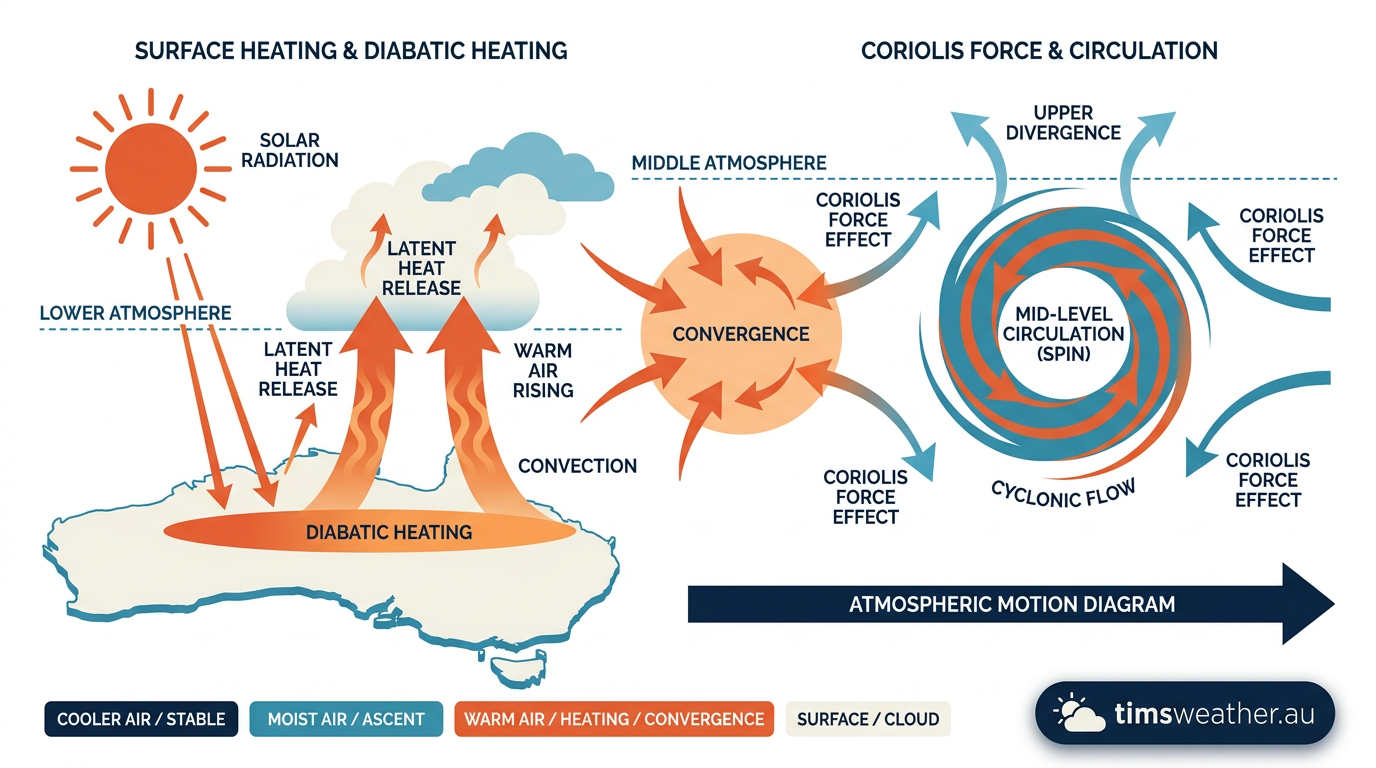 Infographic detailing the diabatic heating process and Coriolis force responsible for mesoscale convective vortices formation.