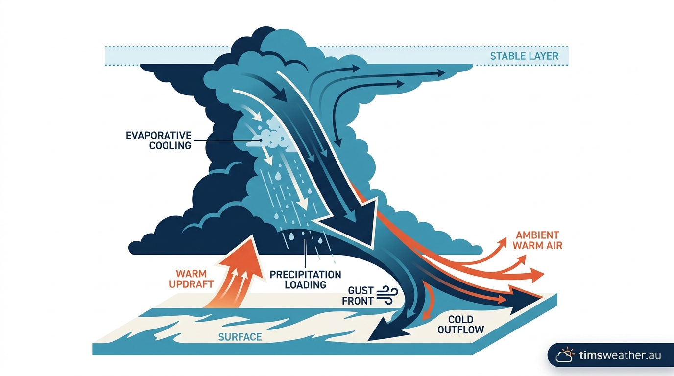 Diagram explaining the physics of how evaporative cooling and negative buoyancy drive convective downdrafts.