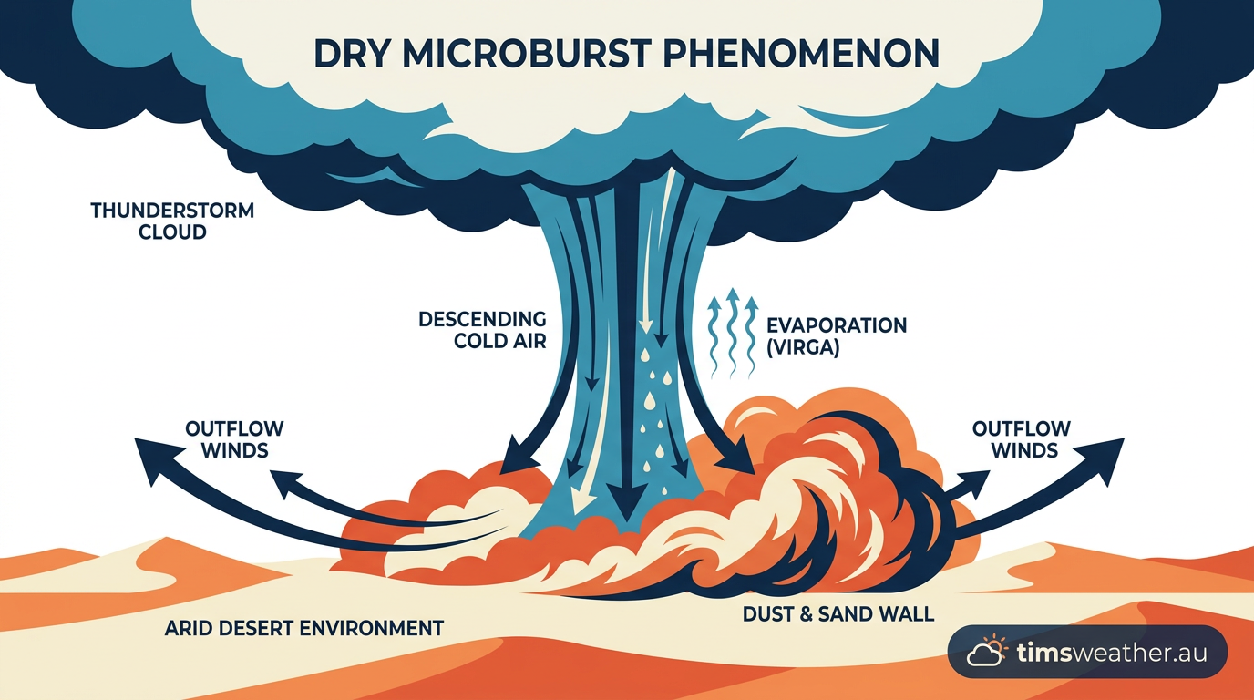 A dry microburst kicking up a massive wall of dust in an arid desert sector.