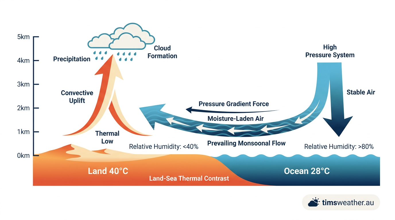 Diagram showing how differential heating between land and ocean causes a summer monsoon wind reversal.