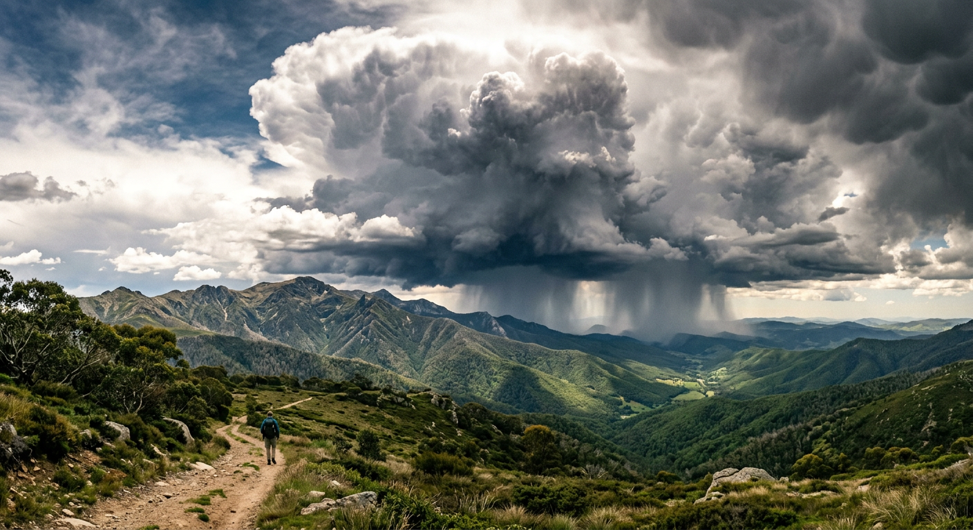 Heavy rain falling from dark cumulonimbus clouds over mountainous terrain during the monsoon season.