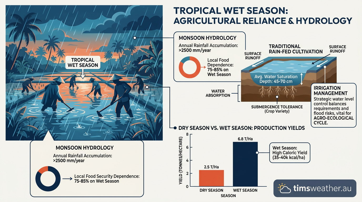 Heavy monsoon rainfall soaking an agricultural field in a tropical environment.