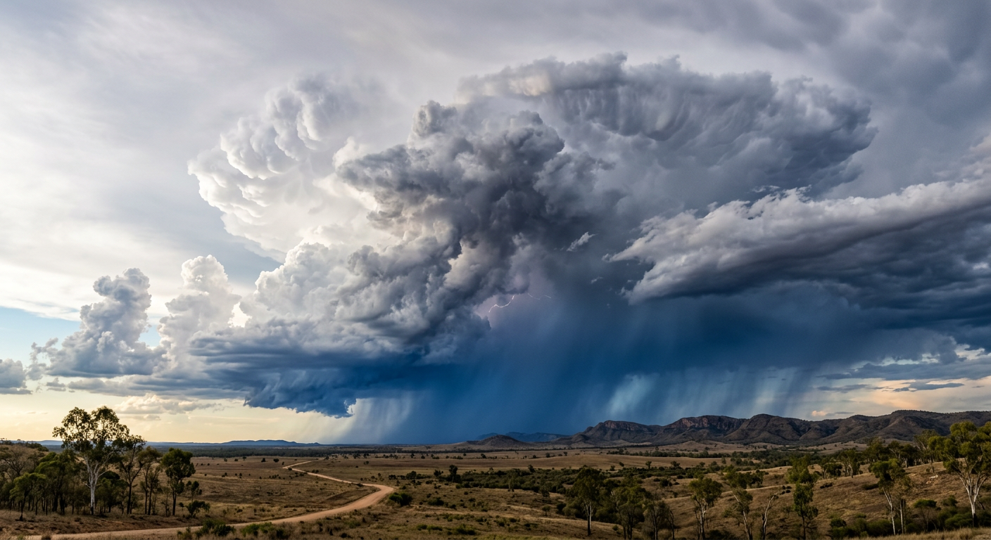 A multicell thunderstorm formation showing a cluster of clouds at various stages of the life cycle.