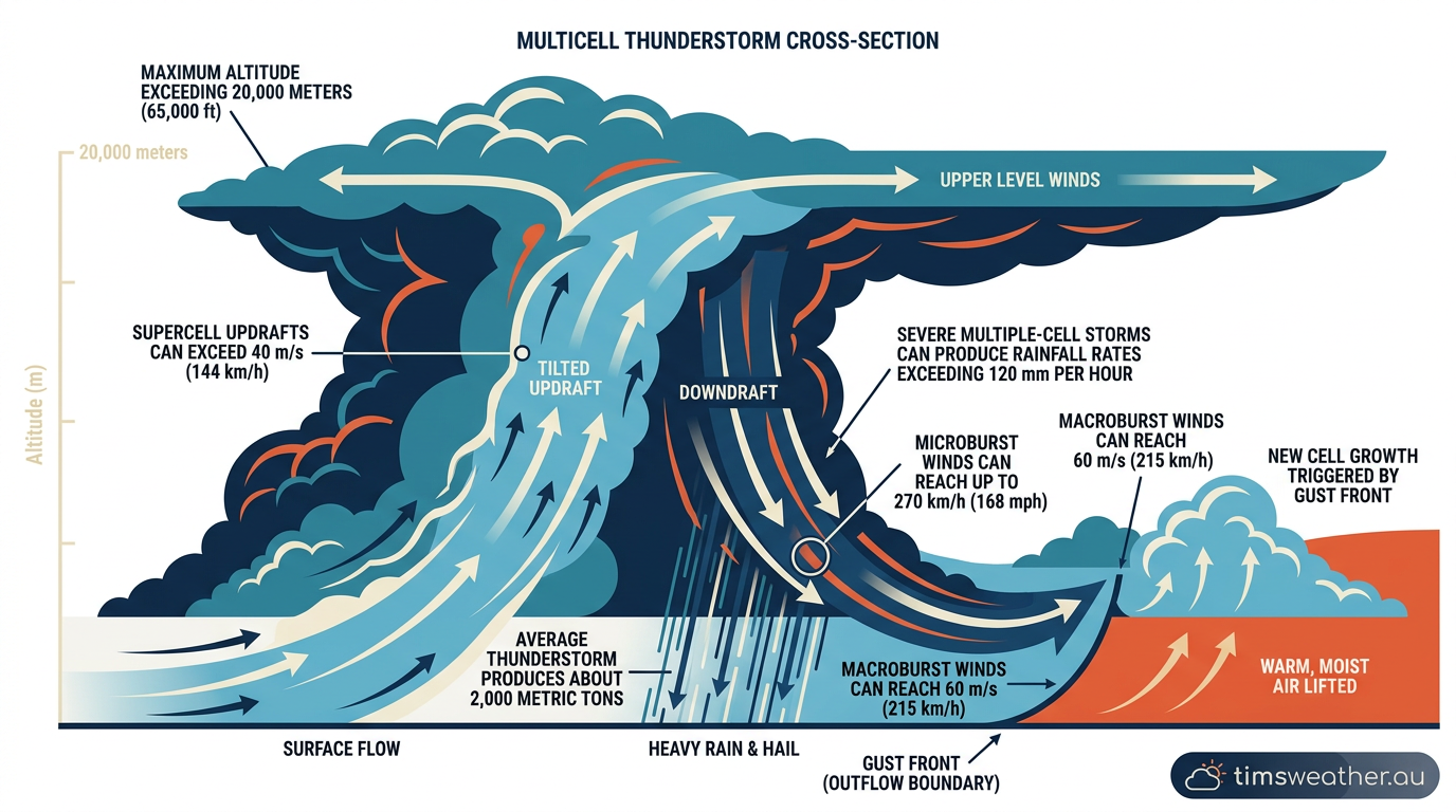 Infographic diagram of multicell thunderstorm formation showing the relationship between updrafts and the gust front.