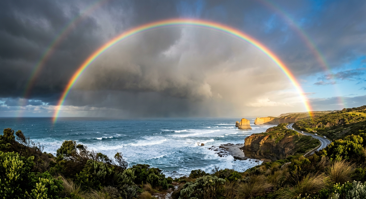 A bright rainbow forms in the sky as sunlight refracts through clearing rain, demonstrating how do rainbows form in natural weather.
