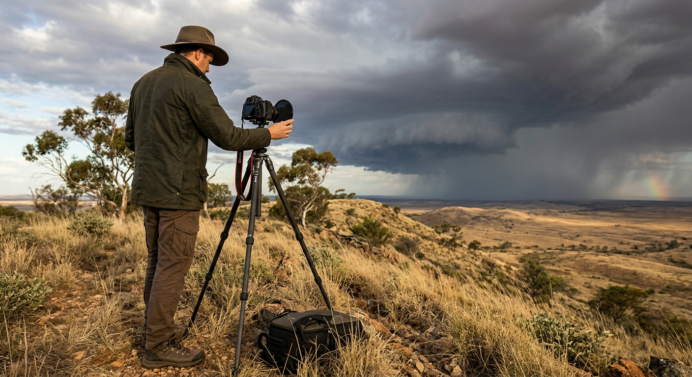 A photographer uses a polarising lens filter to capture how do rainbows form in the distant rain showers.