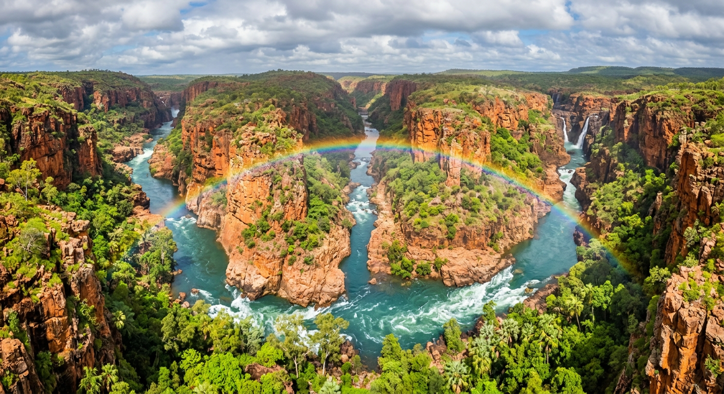 Wet season rains fill a gorge under a bright rainbow, tying the science of how do rainbows form to cultural wet season markers.