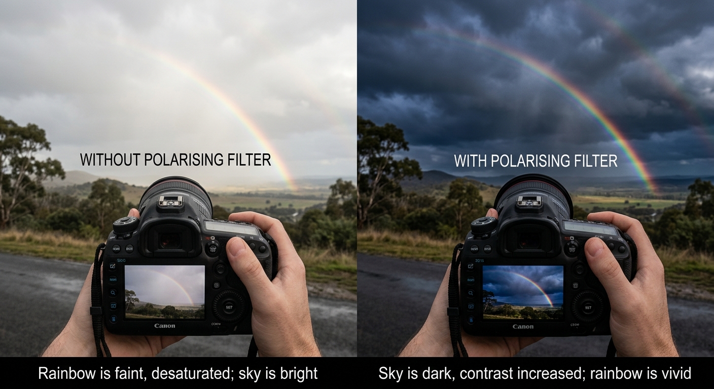 Infographic showing the effect of a polarising filter on capturing how do rainbows form against dark clouds.