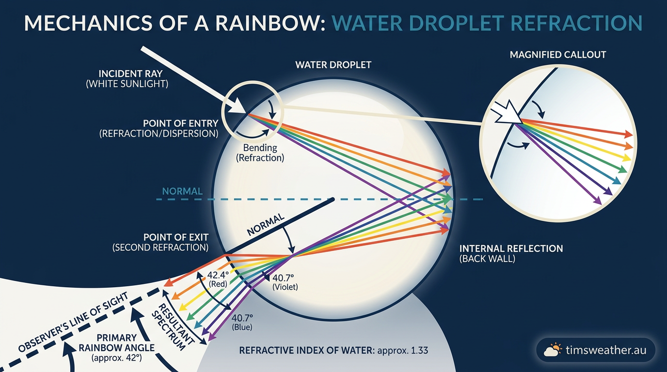 Infographic showing Snell's Law and light refraction explaining how do rainbows form via a 42-degree exit angle.