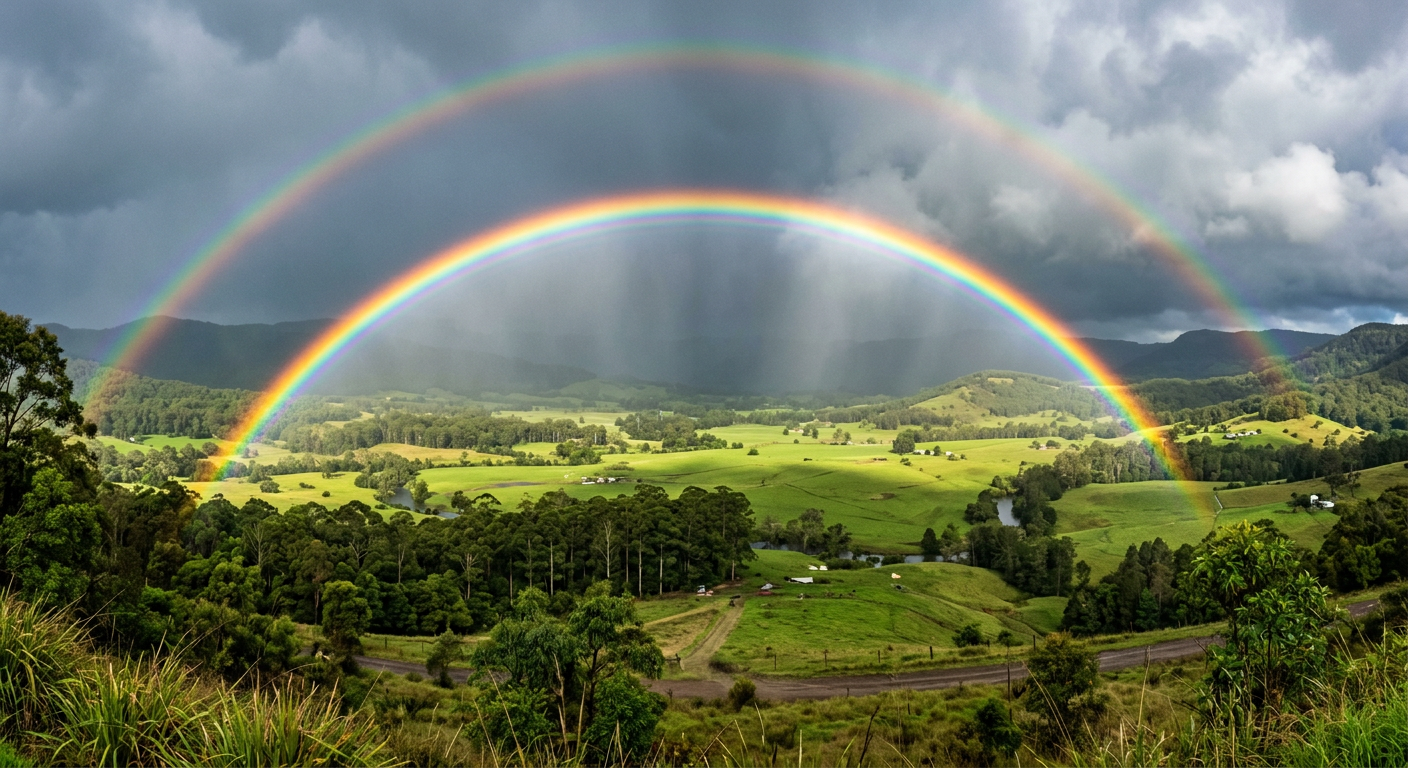 A double rainbow illustrating secondary reflection and Alexander's band as part of how do rainbows form in the sky.