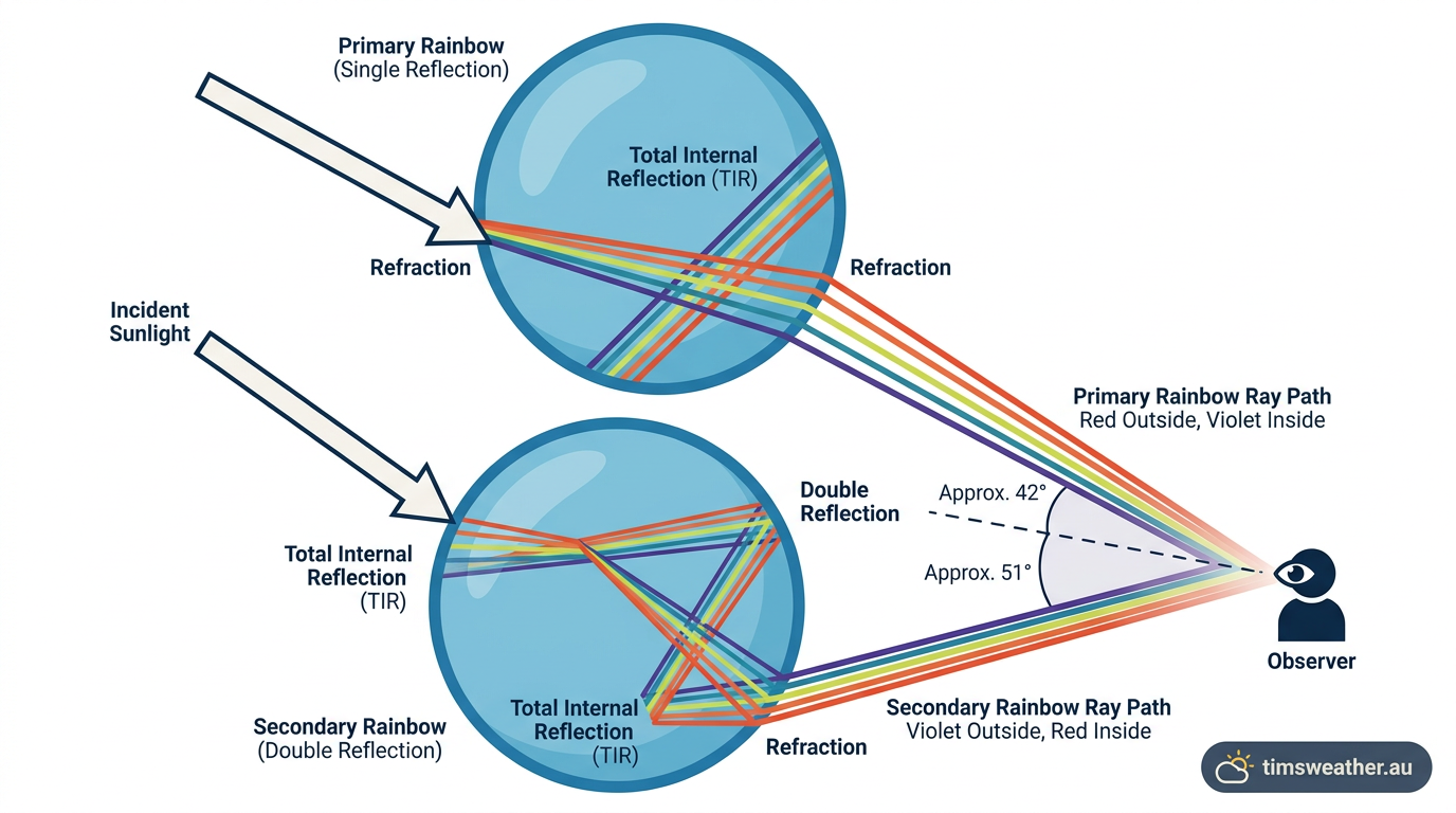 Diagram comparing primary and secondary internal reflection in raindrops, explaining how do rainbows form double arcs.