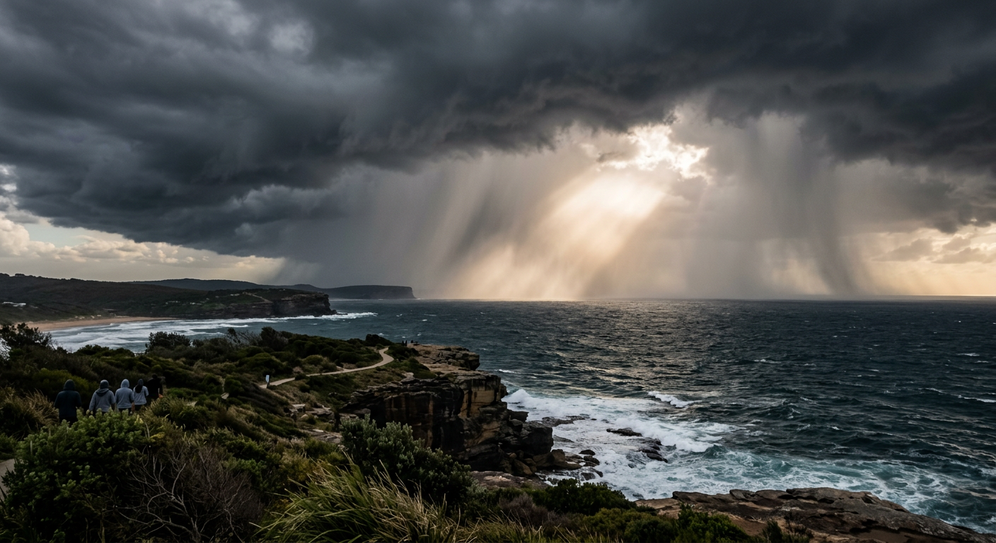 Heavy coastal rain and breaking sunlight creating ideal atmospheric conditions for observing how do rainbows form.