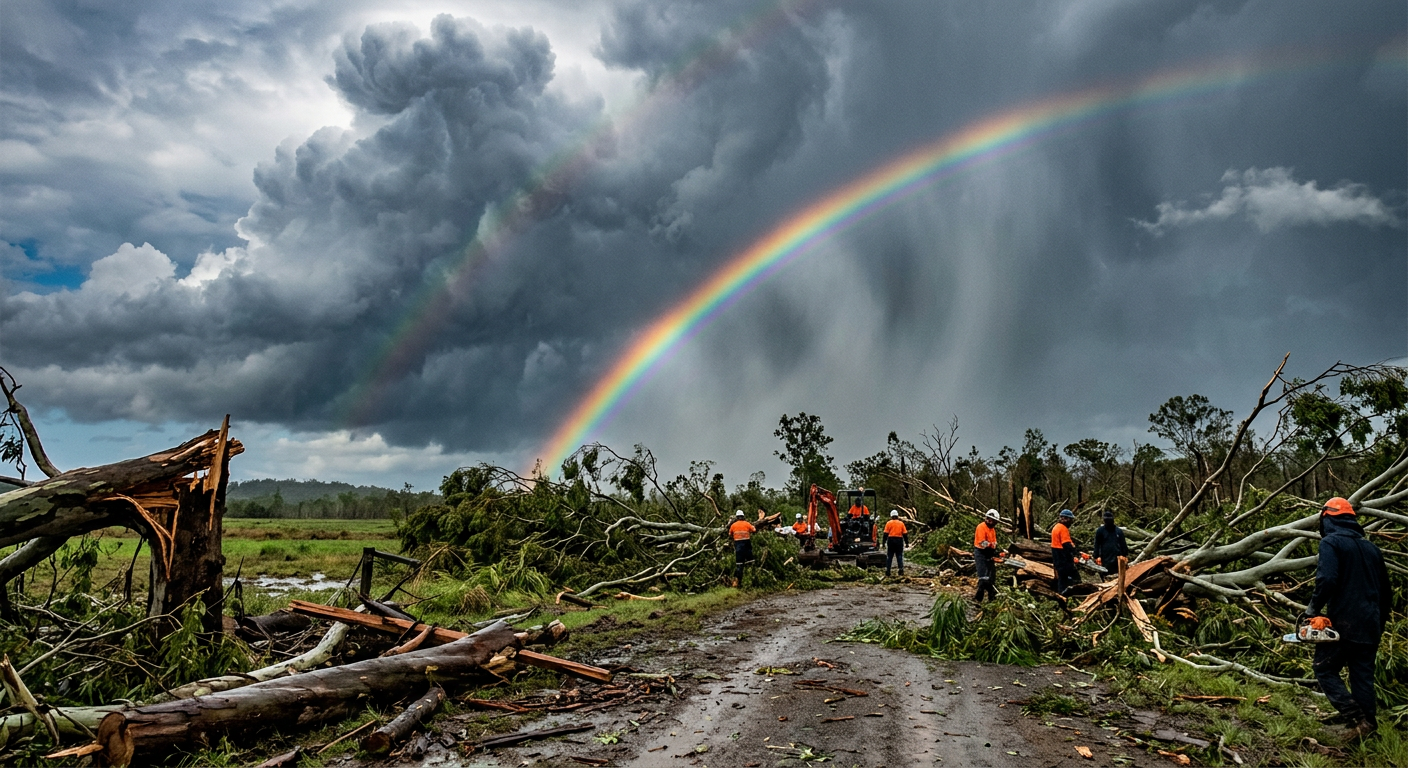A lively rainbow forms in the outer rainbands of severe tropical weather, showcasing how do rainbows form in extreme humidity.
