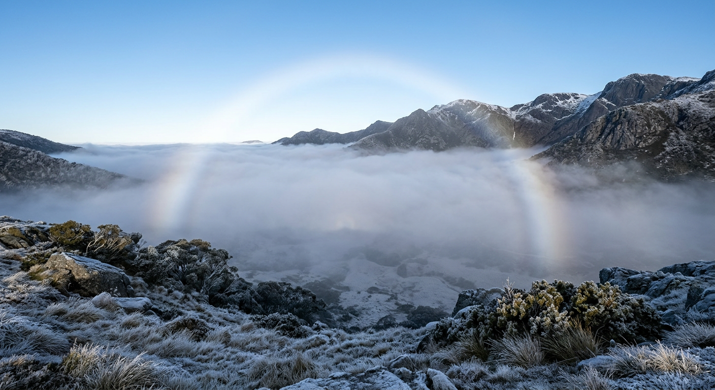A pale fog bow in an alpine sector, showing how do rainbows form differently when interacting with tiny suspended fog droplets.