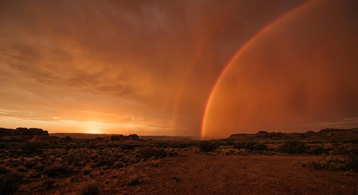 A monochromatic red rainbow in dusty conditions demonstrates how do rainbows form when atmospheric scattering filters out blue light.