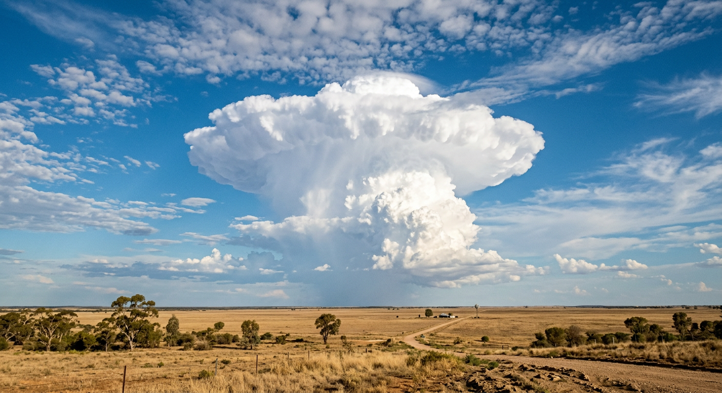 A developing single-cell thunderstorm cloud over an open field
