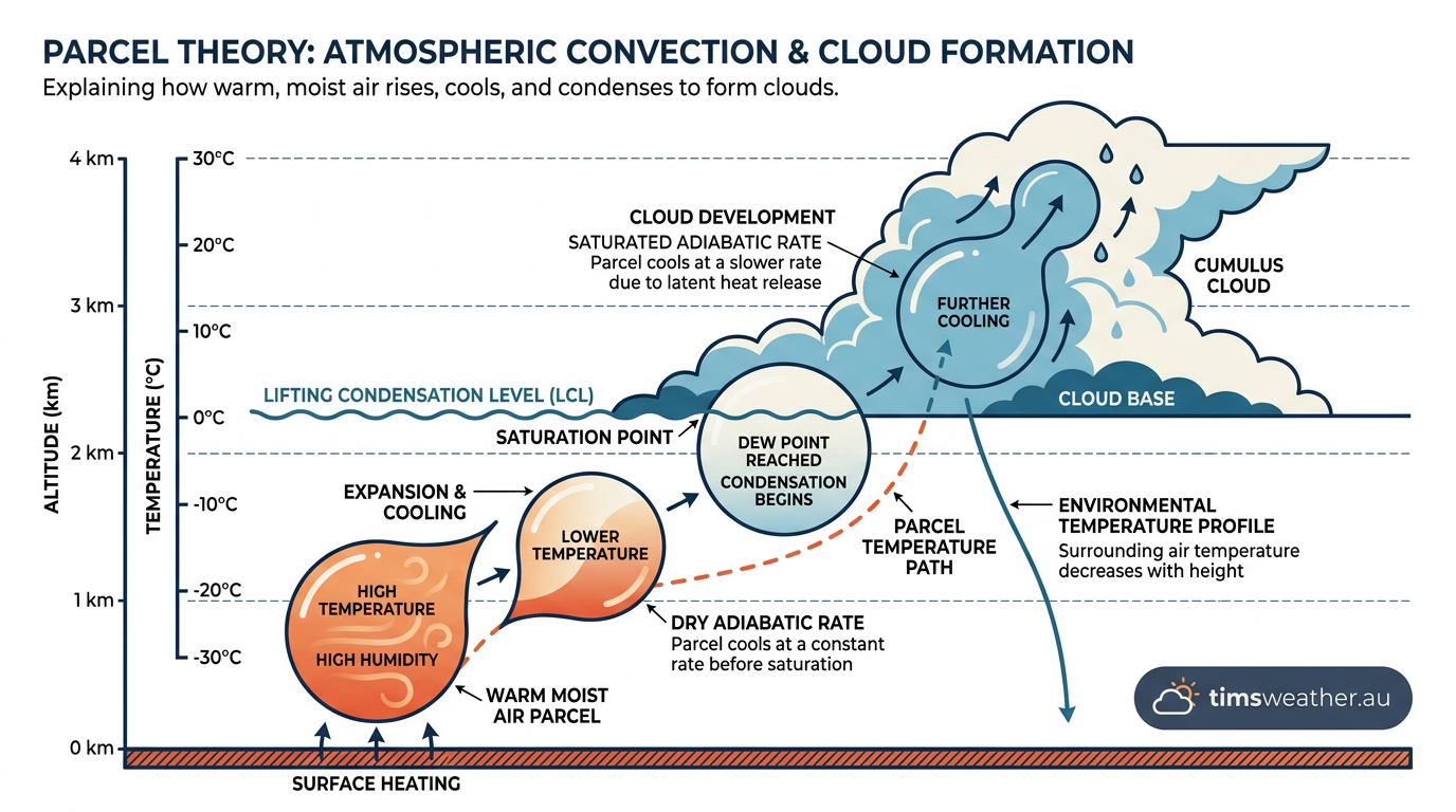 Diagram showing how thermal lifting creates convective clouds