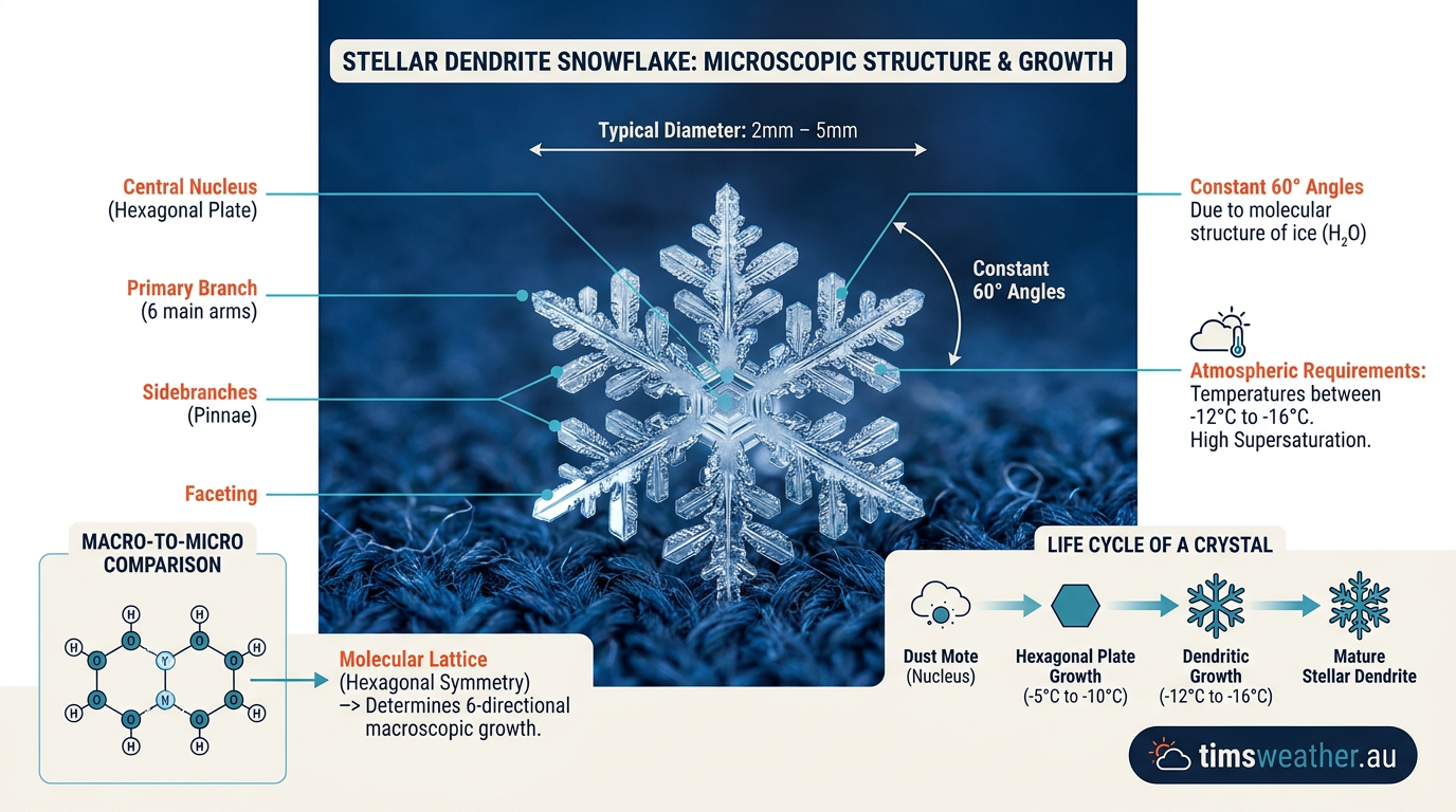 Close up showing the hexagonal lattice of frozen water in a mature stellar dendrite snowflake.