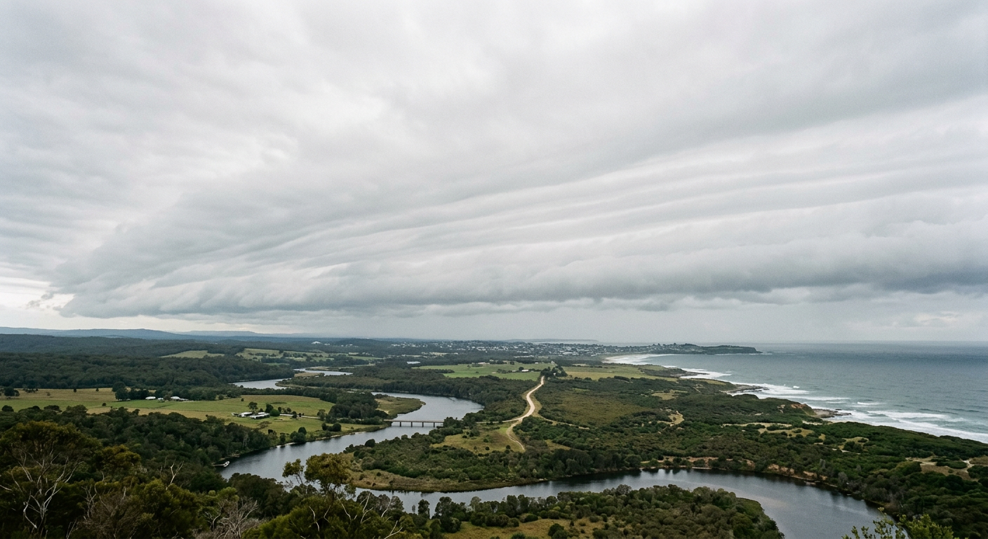 Grey stratus cloud layer stretching across the sky.