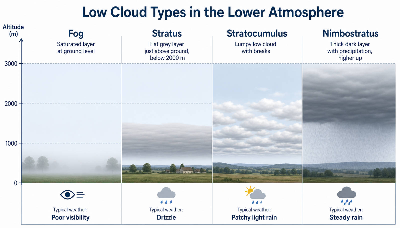 Comparison infographic of fog, stratus, stratocumulus and nimbostratus with altitudes and typical weather.