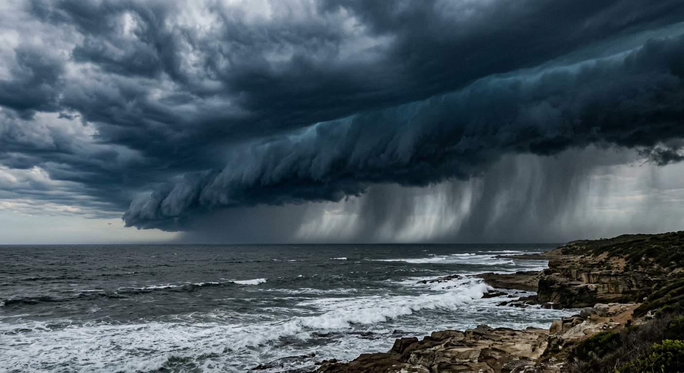 Dark convective squall line bringing heavy rain to the ocean.