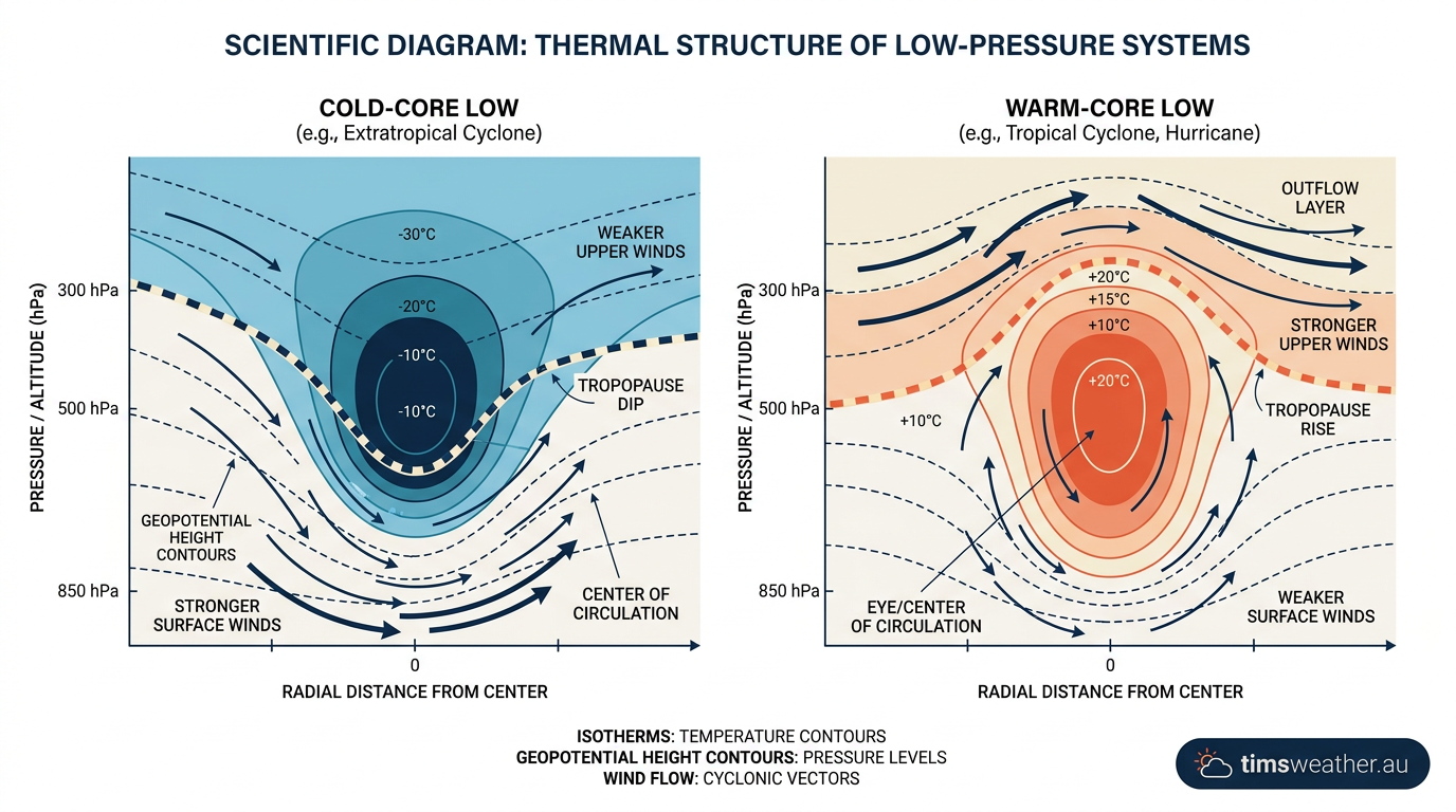 Diagram comparing cold-core and warm-core weather systems.