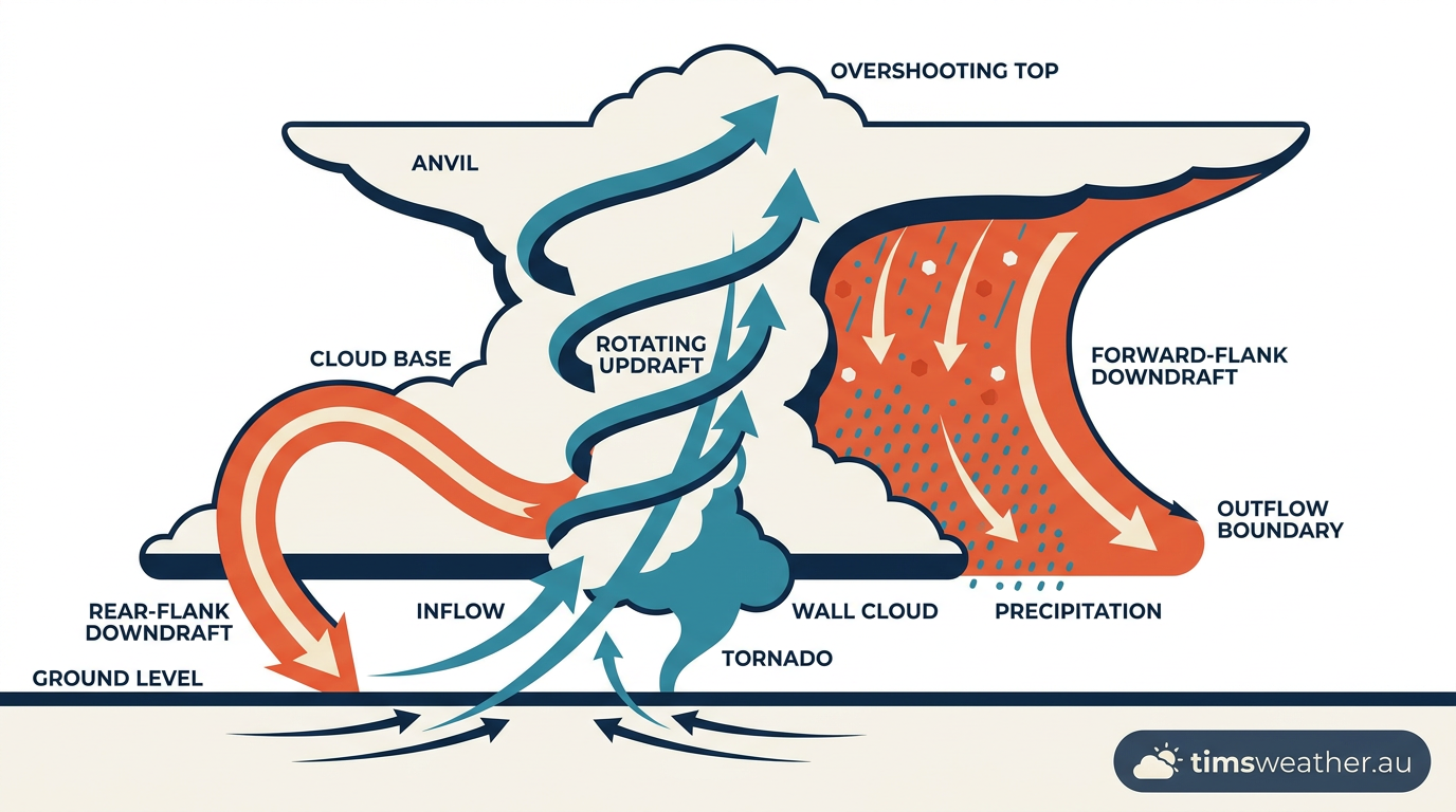 Diagram illustrating supercell thunderstorm formation with labelled updrafts and downdrafts.