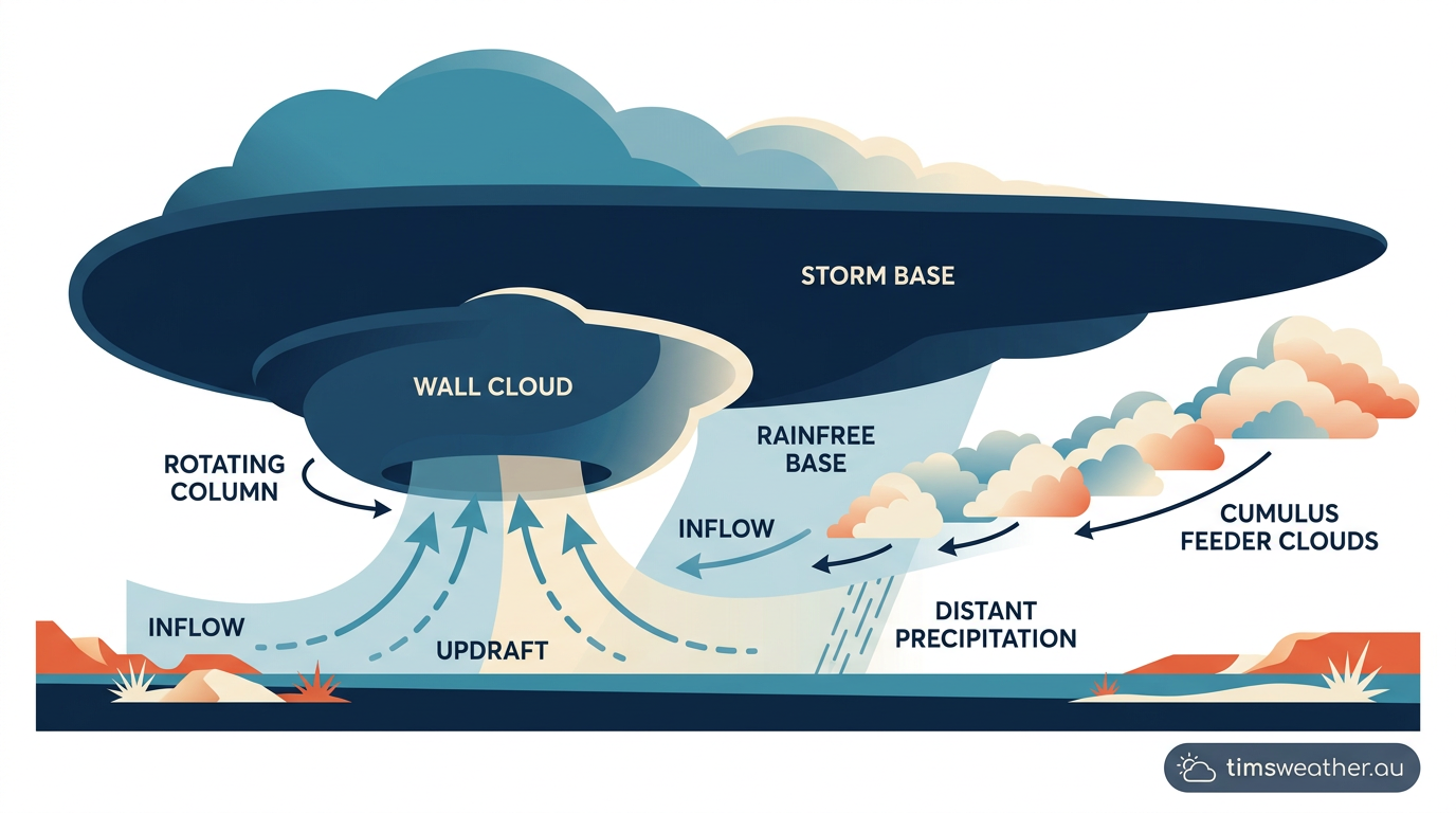 A distinct wall cloud lowering beneath a supercell base with a visible flanking line of clouds.