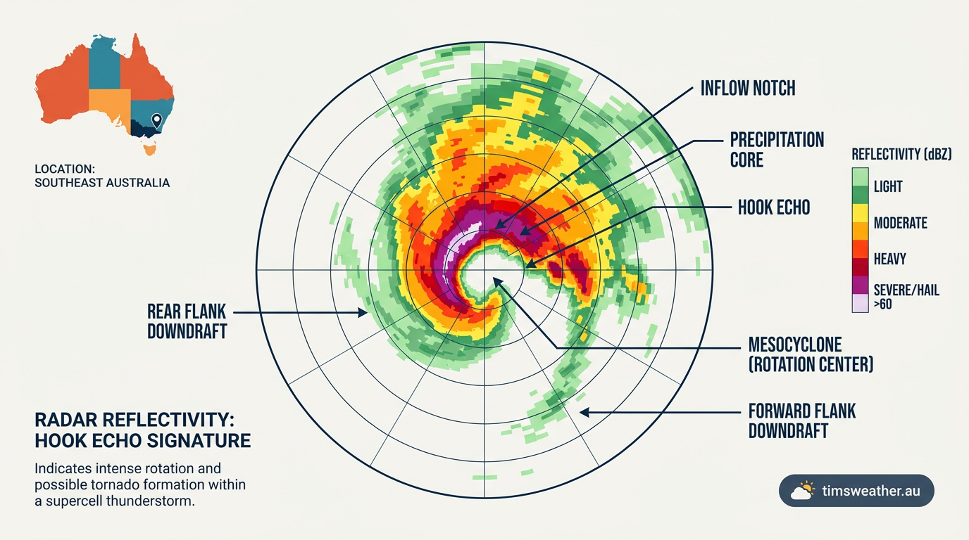 Weather radar display showing a hook echo signature typical of a severe supercell thunderstorm.