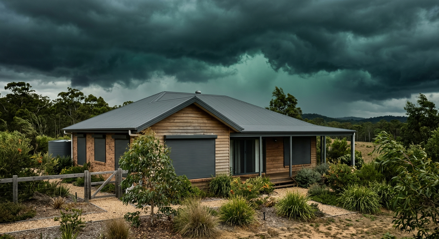 A house secured ahead of an approaching severe thunderstorm under dark, green-tinted skies.