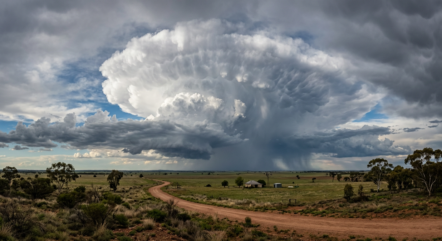 A massive supercell thunderstorm with a wide base and towering anvil cloud reaching high into the atmosphere.