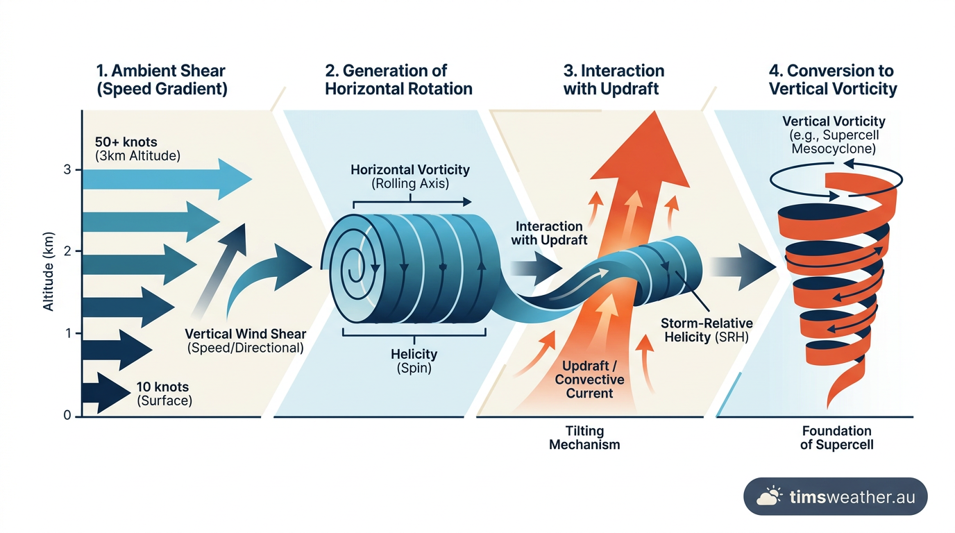 Diagram showing how vertical wind shear creates horizontal rotation that is tilted vertically by an updraft.